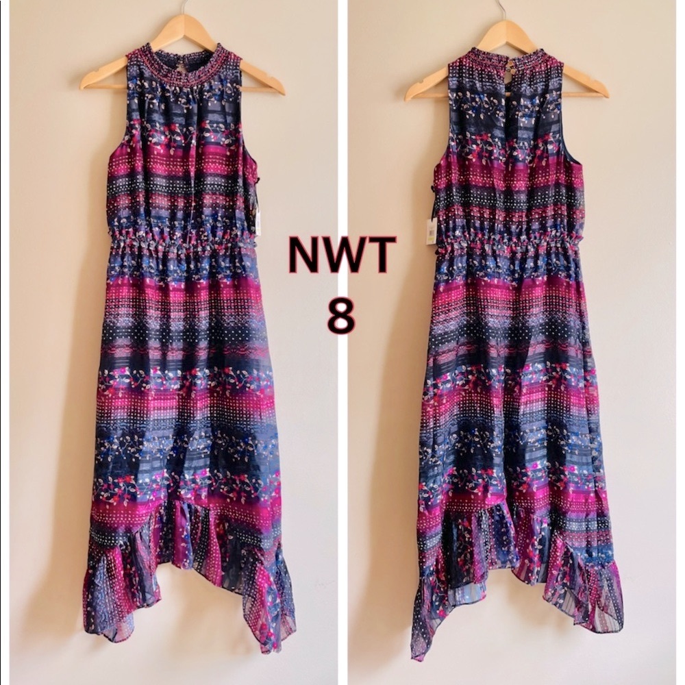 Kensie 8 multicolor purple navy red stripe midi maxi ruffle hem sharkbite nwt 8